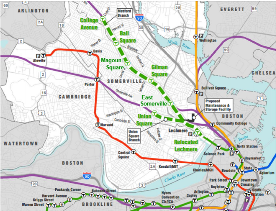 A map of the Green Line extension into Somerville, northwest of Boston proper