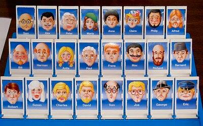 The game of Guess Who?, where an opponent asks questions to try to narrow down a chosen card from a selection featuring many (overwhelmingly white) faces.