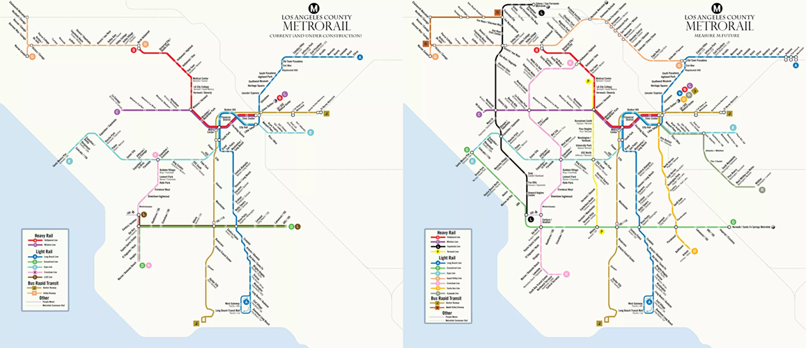 A GIF showing the before-and-after of Los Angeles' Measure M transit plan, depicting the network roughly doubling in size