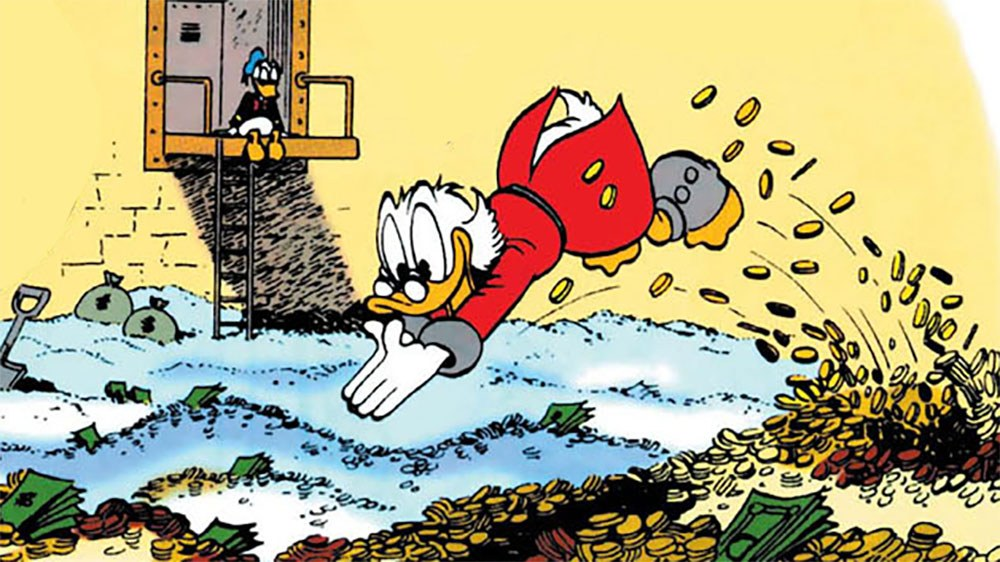 Scrooge McDuck diving into a swimming pool filled with gold coins.