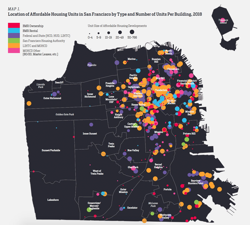 A map of affordable housing projects in San Francisco, largely clustered in the city's northern half near Market Street.